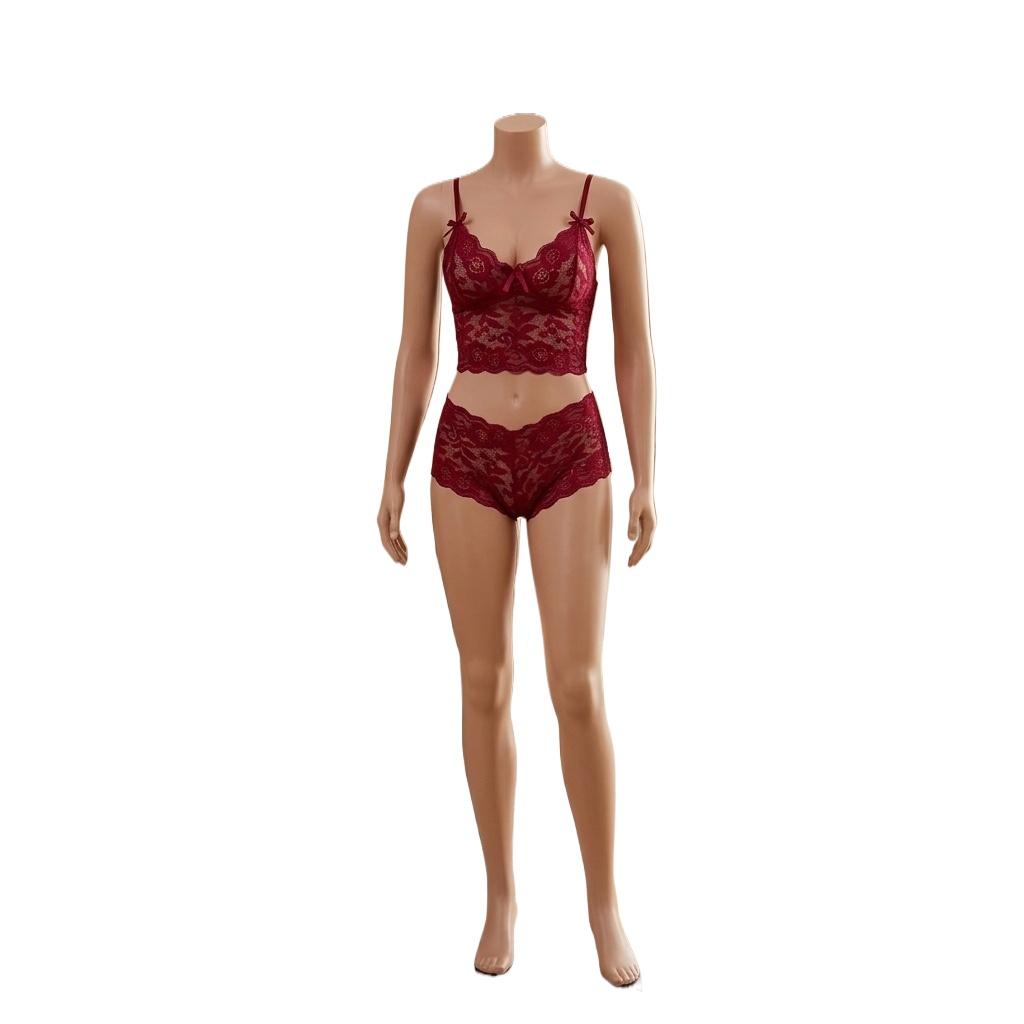 Lace Bralette Set - 여성용 섹시한 검은색 플로럴 레이스 란제리